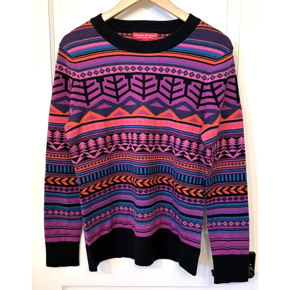 Krimson Klover Base Layer Wool Blend Purple Pink Black Geometric Sweater L Ski